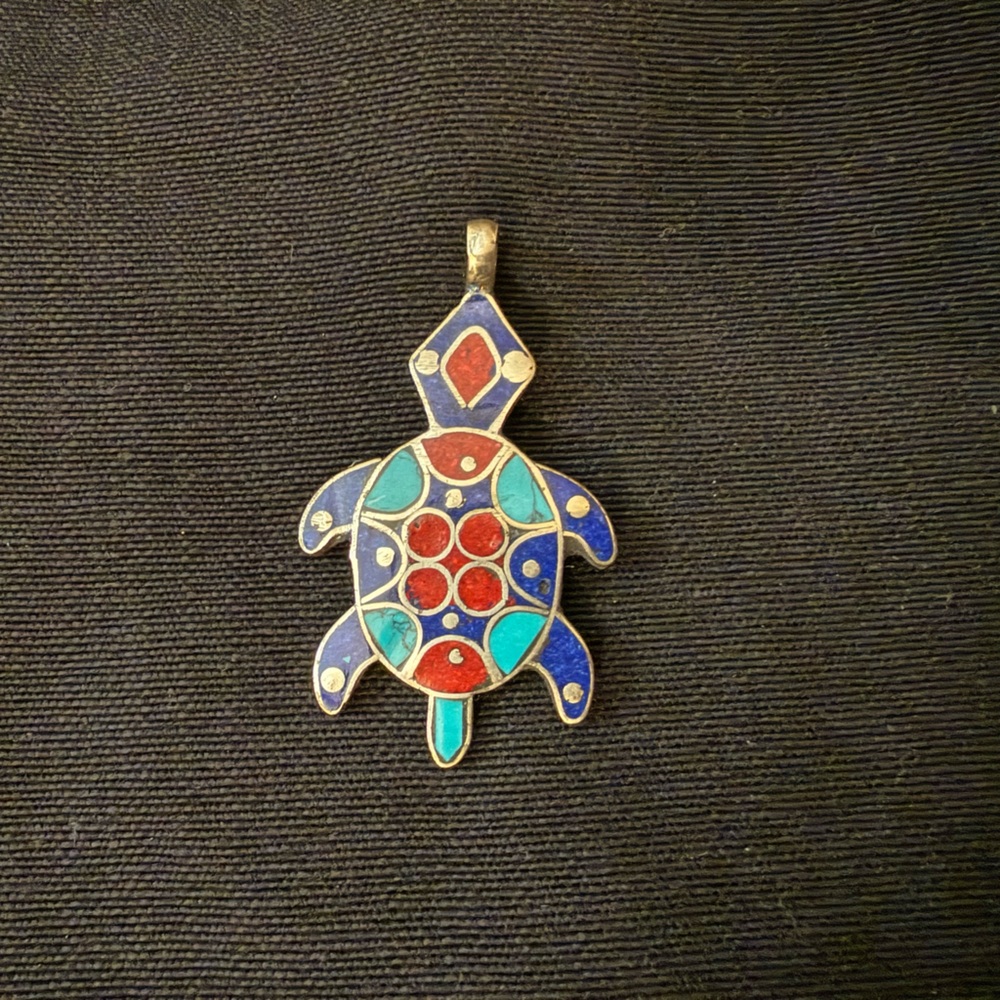 on hold- Silver Turtle Enamel Pendant - Turquoise, Coral, Lapis Lazuli